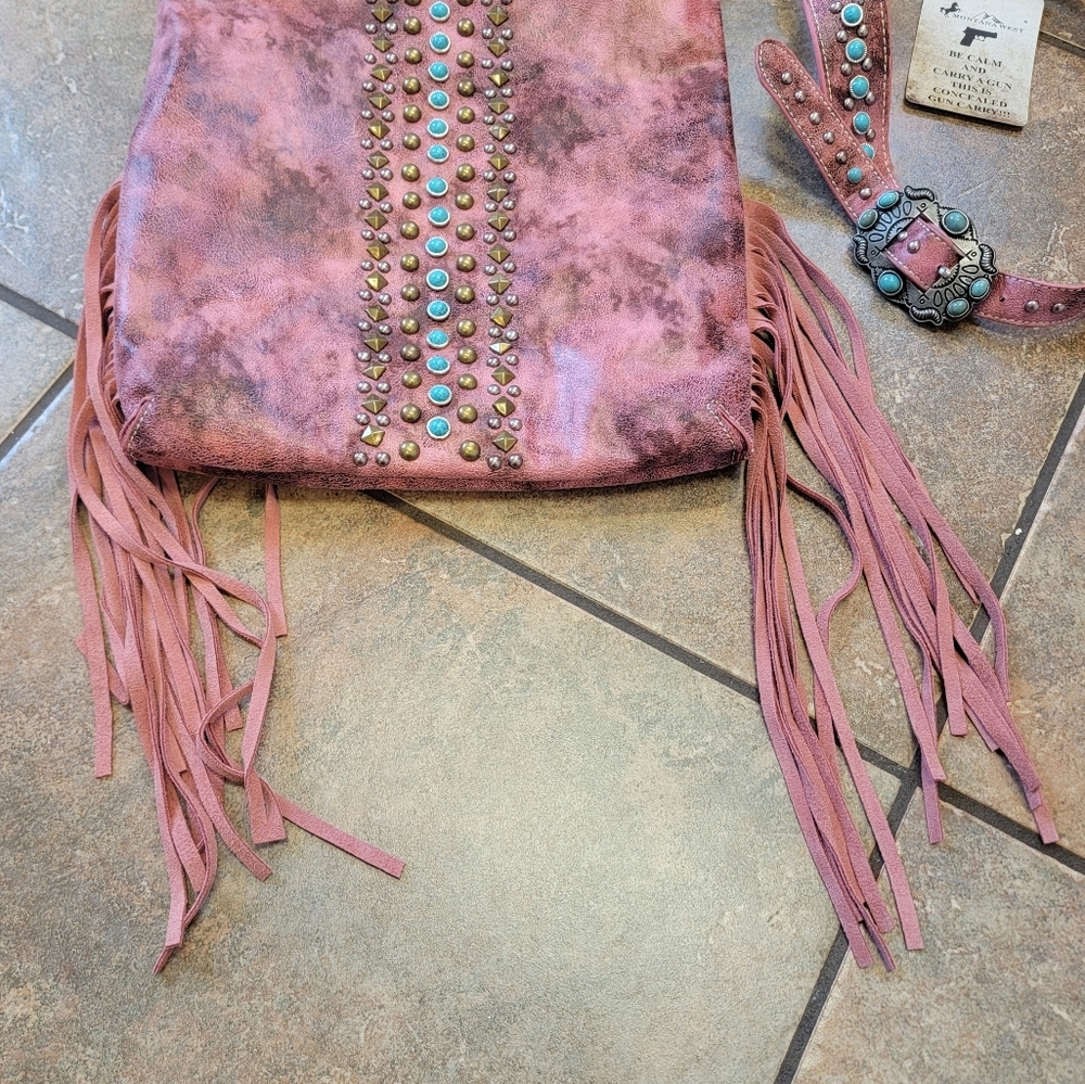 NWT Montana West Concealed Carry Pink Crossbody Turquoise, studs, Frindge - Picture 4 of 16